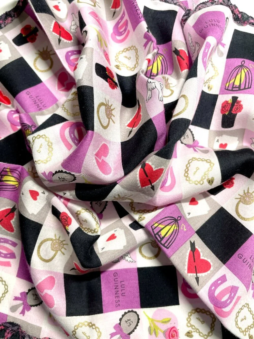 Lulu Guinness London Scarf – Retro Pink Check Pattern, Ruffle Border - Picture 5 of 12